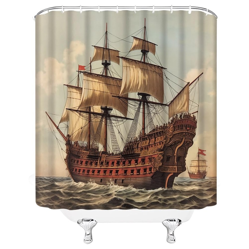 Fantasy Nautical Pirate Ship Shower Curtain Sets 4 Piece,Vintage Ocean Pirate Ship