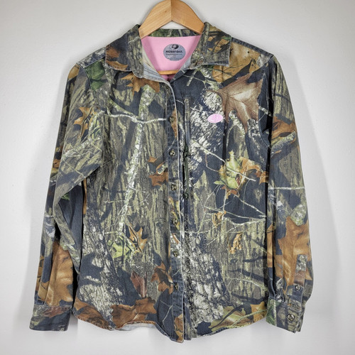 Mossy Oak Break Up Camo Button Up Hunting Shirt Pink Logo Chest Pocket Medium - Picture 1 of 7