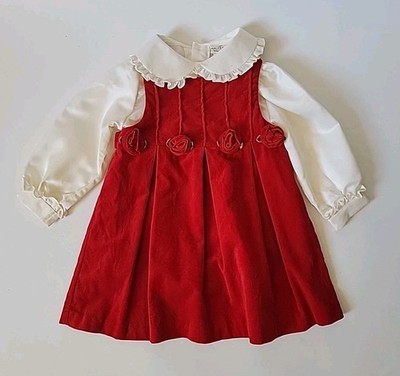 B.T. Kids Dress 2T Red Velour 2 Piece Pleated Peter Pan Collar Holiday Vintage
