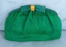 Vintage MAGID BRIGHT GREEN SILK Clutch Evening Bag Purse GOLD & SATIN BOW CLASP