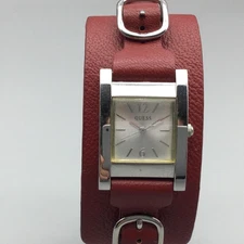 GUESS Watch Womens 22mm Silver-Tone Case Red Leather Cuff New Battery