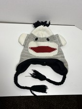 Gray Sock Monkey Knit Beanie Hat for Kids with Ear Flaps  Braided Tassels