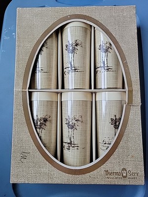 6 TAHITIAN HOLIDAY Thermo-Serv BOX Tumblers Burlap Raffiaware Palm Tree Vtg MCM