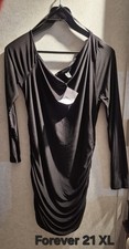 Forever 21 Black Ruched Bodycon Dress V-Neck Long Sleeve XL Knee Length Regular