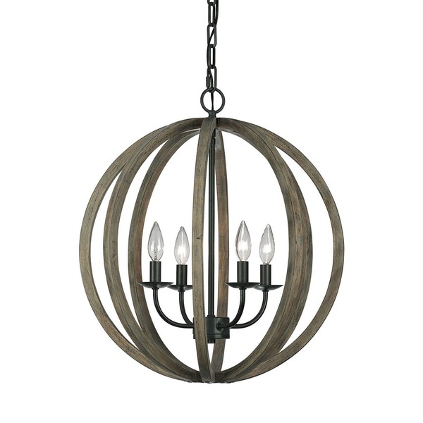 Lampadario Industrial Nordico Allier Legno Rovere Ferro Grigio 4 Luci E14-image