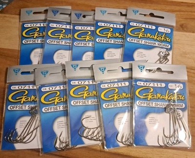 Gamakatsu 07111 Size 1/0 Offset Shank Worm Fishing Hooks Qty 6 x 10 Packs 