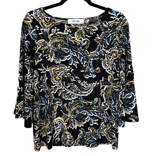 Jones Studio Women's Paisley Stretchy Blouse Bell/Flutter Sleeve Sz S