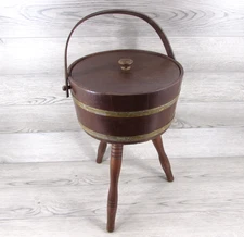 Vintage Wood Firkin Bucket Sewing Basket Stand 3 Legs Mid Century + Contents