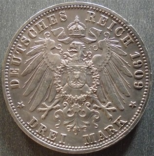 German States Prussia Silver 3 Mark 1909A toned w/ hairlines portrait side