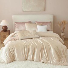 Beige Comforter Set Size 3 Pieces,Crushed Velvet Bedding Set Queen Champagne