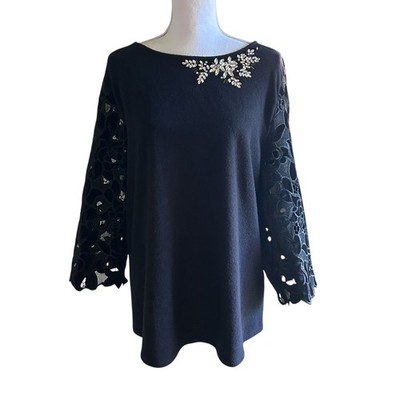 Ruby Rd Black Embellished Lace Sleeve Tunic Top XL Rhinestone Beaded Neckline