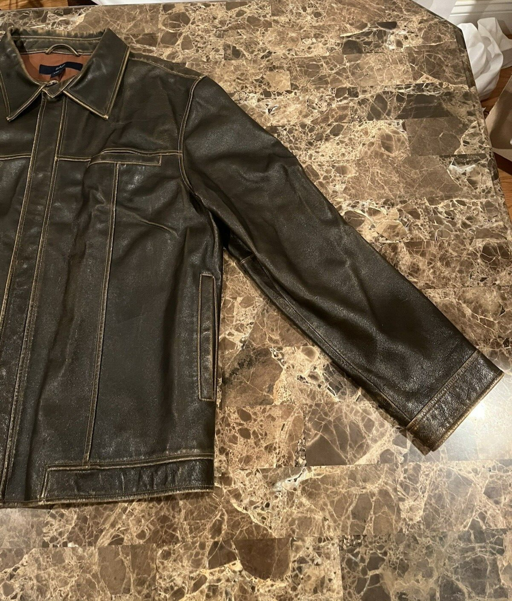 Vintage GAP Leather Jacket Mens (XL) Brown Distressed Y2K Biker