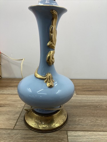 Antique Lamp Deco Nouveau Boudoir Bedroom Cottage Shabby WORKS Blue Gold - Picture 7 of 15