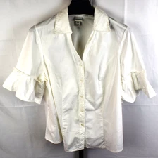 Venezia Ruffled Short Sleeve Top Plus Size 1X 14/16 White Collared VNeck Button