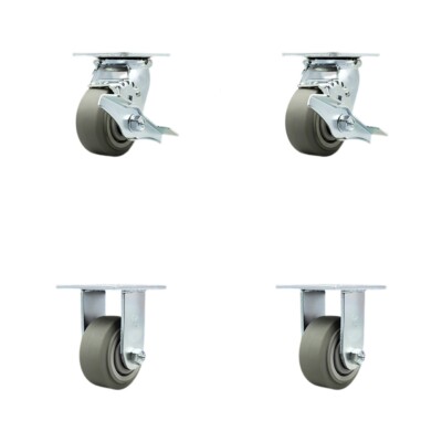 4 Inch SS Thermo Rubber Flat Tread Caster Set with 2 Brakes/Swivel Locks 2 Rigid