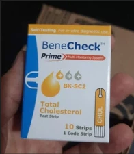 BENECHECK Prime Cholesterol Test Strips contains 1 Box @10 Strips NEW !! on seal