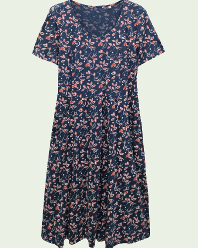 Ex Seasalt Women's Short Sleeve Round Neck Botanical Jersey Dress, Navy Blue - Picture 2 of 3