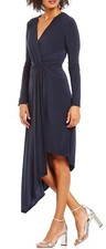 Laundry ~Black Jersey Asymmetrical Draped Wrap V-Neck Curve Control Dress XS NEW