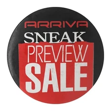 ARRIVA Sneak Preview Sale 3" Button Pin Pinback Retro Employee Advertising VTG.