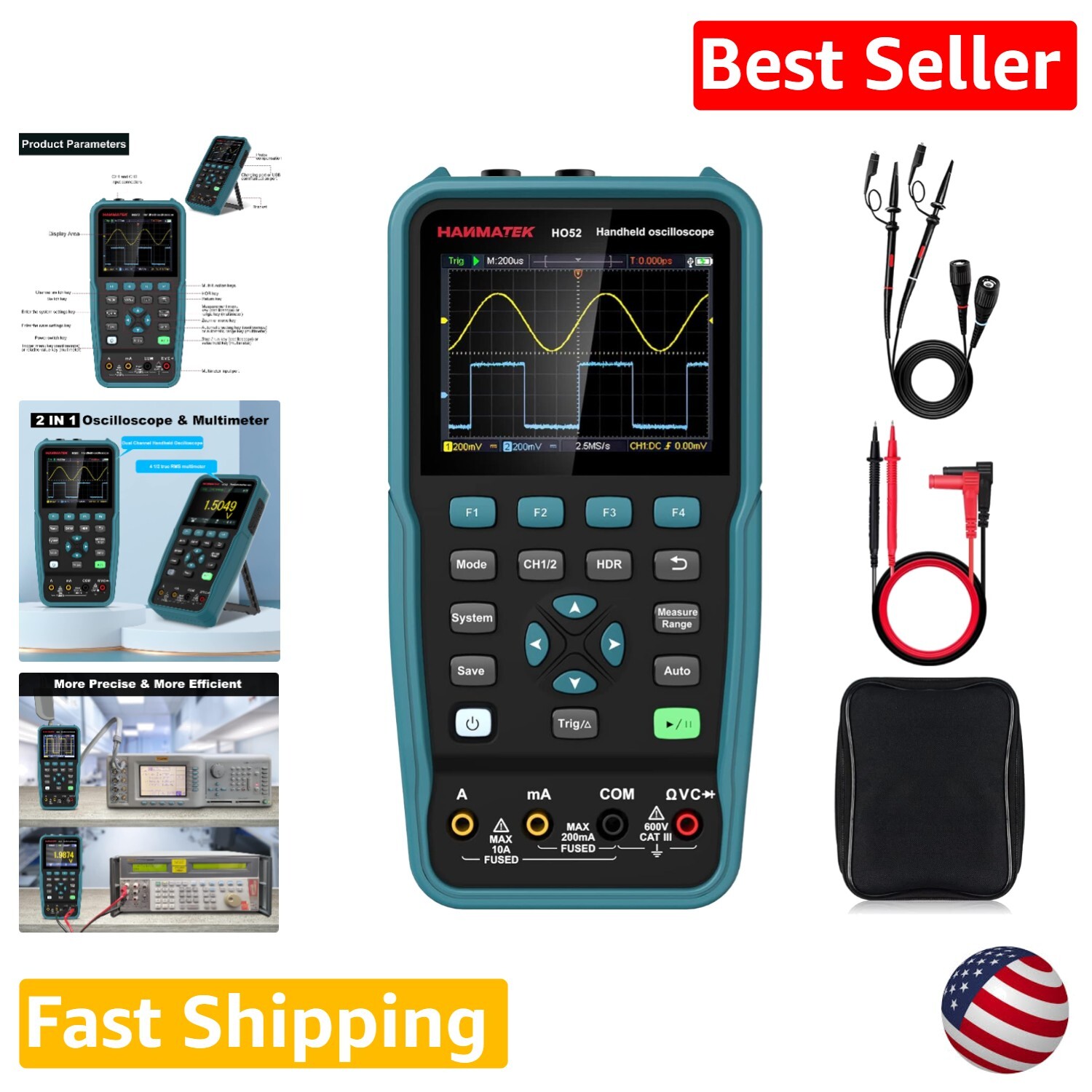 Osciloscopio portátil de mano - Ancho de banda de 50 MHz, 2 canales, pantalla retroiluminada