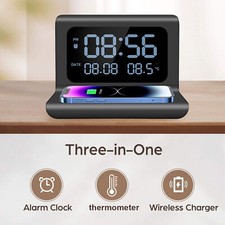 UK Digital Alarm Clock With Wireless Charger Thermometer For Home,Bedroom,Office