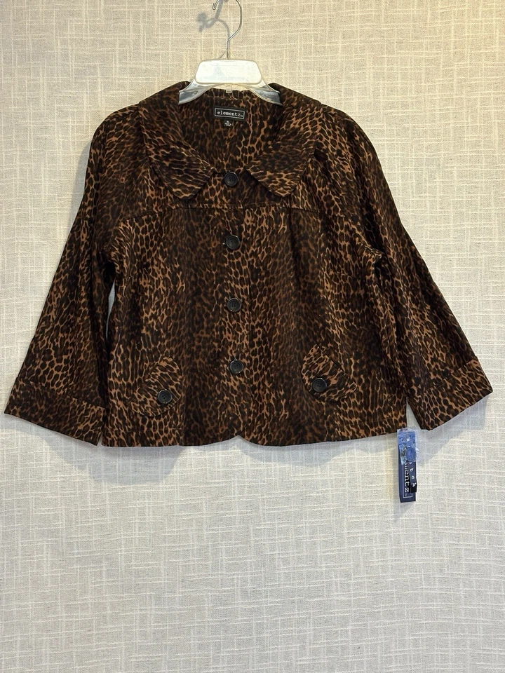 Elementz Brown Jacket Coat Leopard Print Size X-Large Button 3/4 Sleeve New - Image 3 of 4