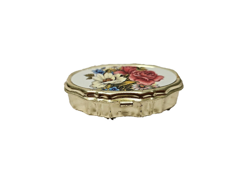 Vintage Pill Box Italian Style Metal Lid Floral ASHTRAY