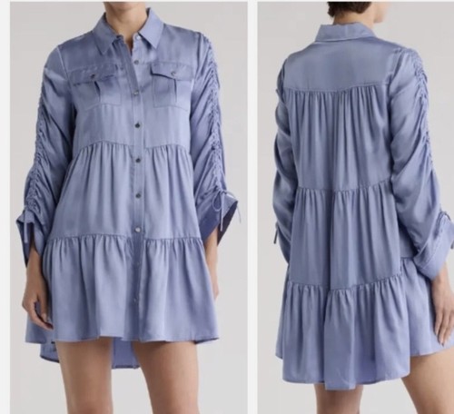 Cinq A Sept Women Tillie Stonewash Tiered Scrunched Long Sleeve Dress L $425