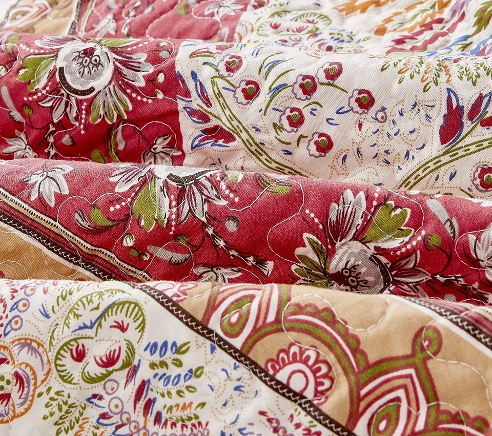 Bohemian Quilted Floral Bedspread Set - Rustic Cranberry Red Sage Green Chevr... - Image 4 of 4