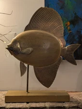 Fredrick Cooper Vintage Mid Century MCM Wood Brass Fish on Stand 18"