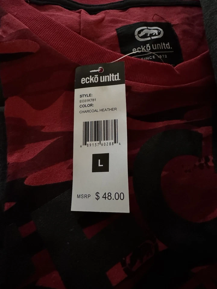 Camisa Ecko Untld Para Hombres L Gris y Rojo Camuflaje Estampado Gráfico Doble Tejido Y2K Foto 4 de 4