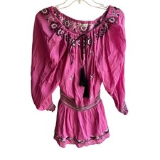 Vintage 2000's LoveShackFancy $495 Boho Embroidered Pink Popover Mini Dress XS/S