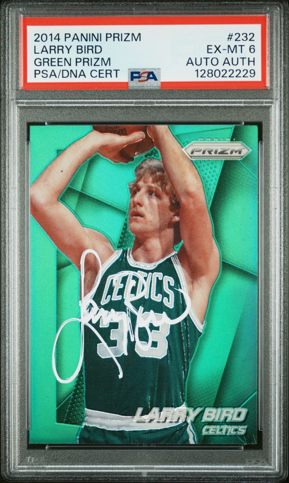 Larry Bird 2014 Panini Prizm Green Prizm Signed Card #232 Graded Auto PSA 6