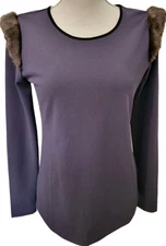 Catherine's Women's Size Small Navy Top Brown Faux Fur Shoulders Old Money Party