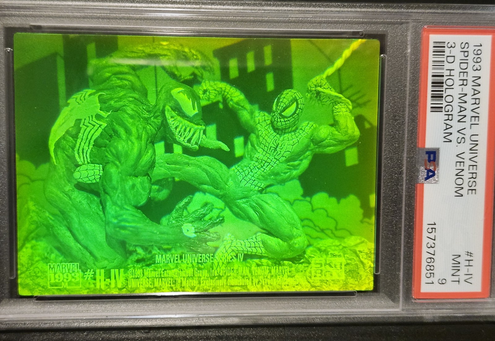 1993 MARVEL UNIVERSE Series IV 3-D HOLOGRAM #H-IV Spider-Man vs Venom PSA 9 view 1