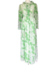 VTG 1960’s Dress Loungees Print Maxi Long House Groovy MOD UNION Green White szS