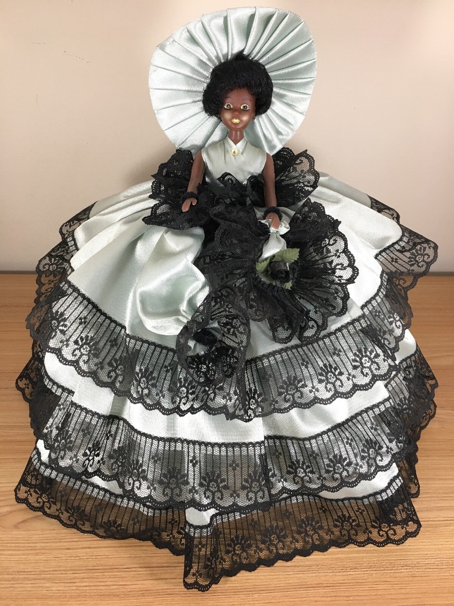 Vintage African American Southern Belle Doll Mint Green Dress Black Lace