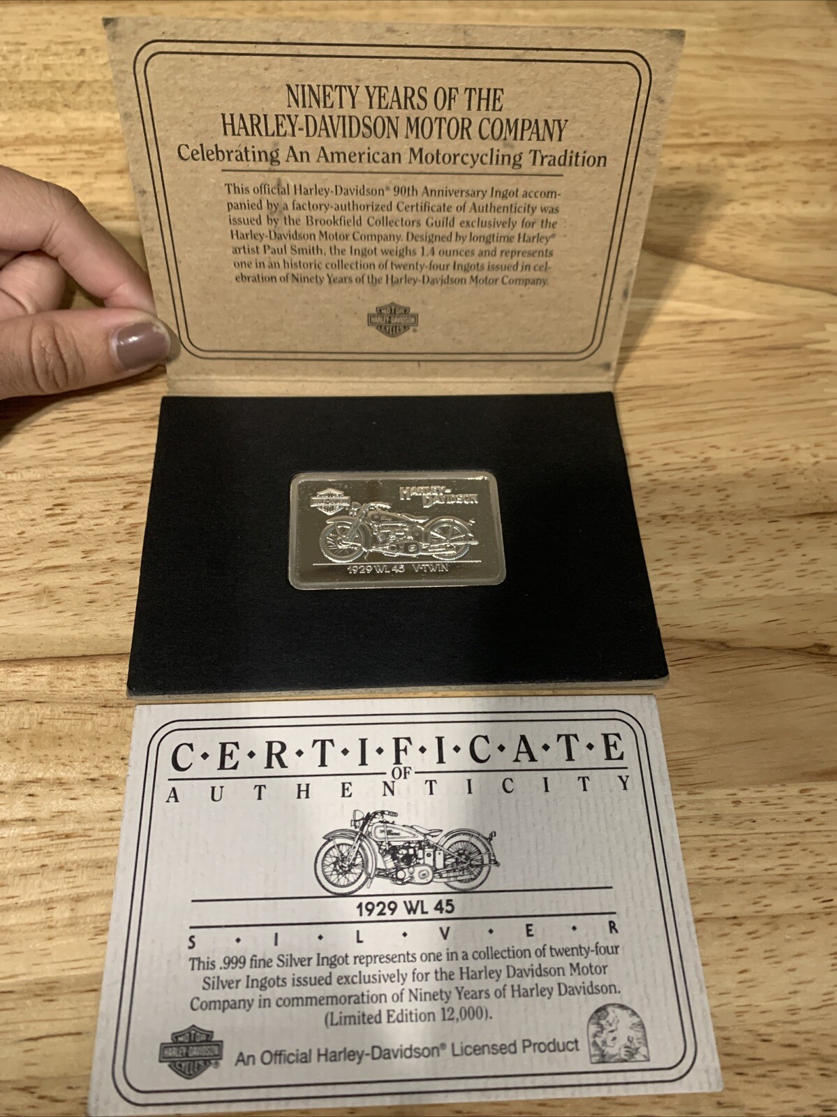 1929 Harley Davidson WL 45 V-Twin 1.4 oz Fine Silver Bar with Certificate