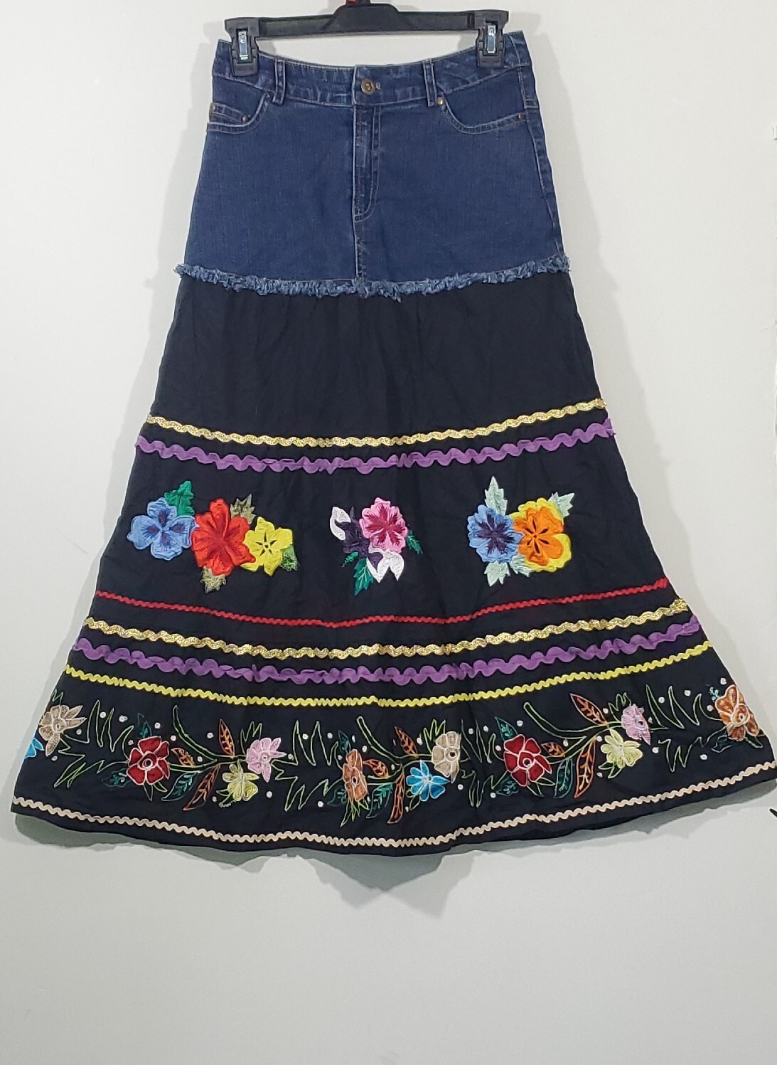 Soft Surroundings PXS Hippie Boho Embroidered Floral Mixed Media Long Jean Skirt