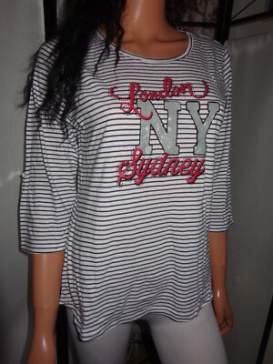 Stylisch! Multiblu Stretch Shirt Streifenshirt mit London-Sydney-Glitzer Print M
