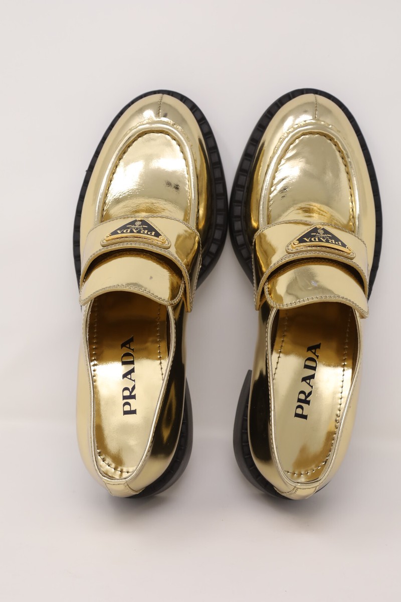 PRADA Triangular Logo Metallic Leather Chocolate Loafers