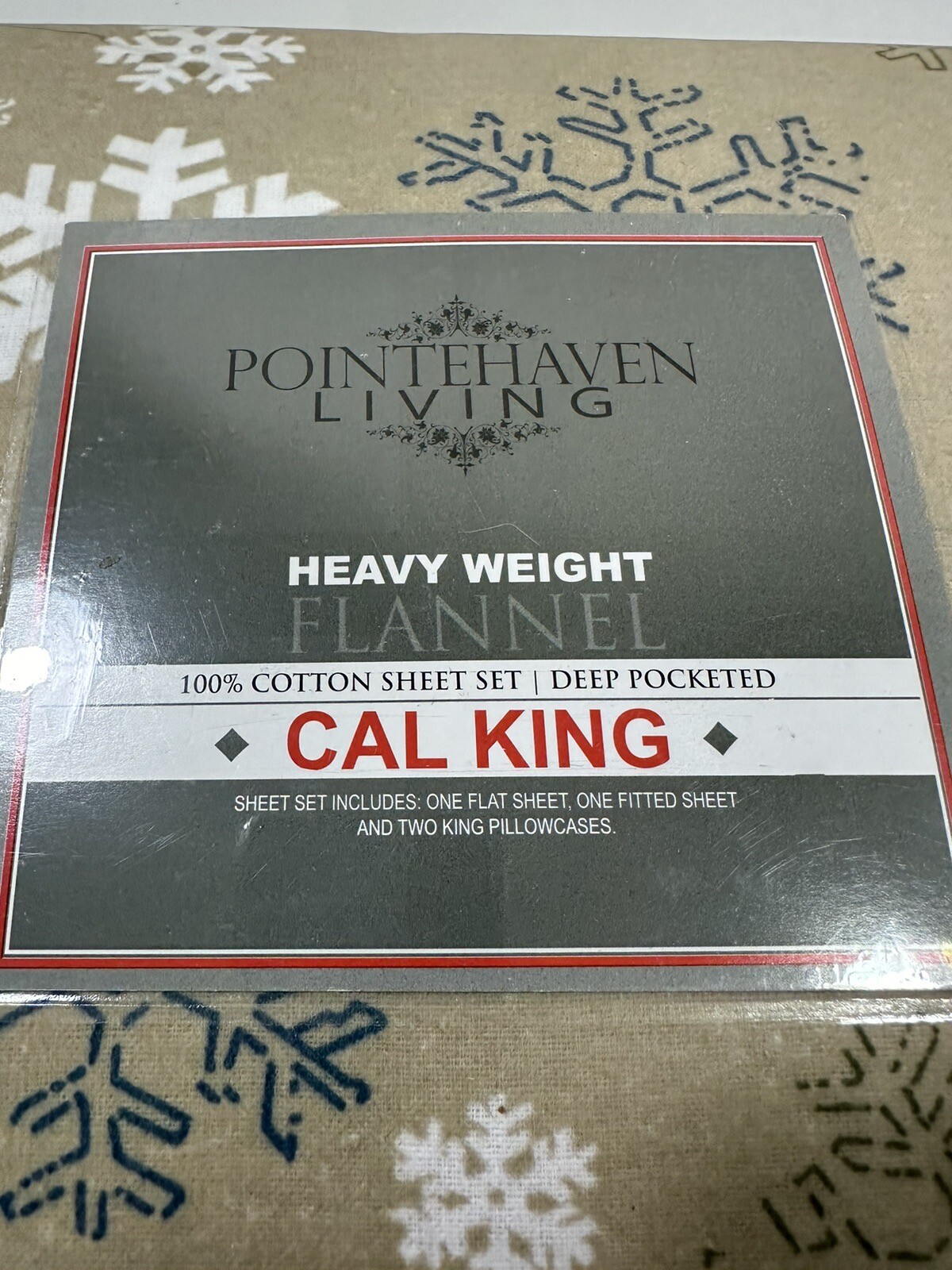 California King Flannel Sheet Set Blue White Snowflake Pattern Deep