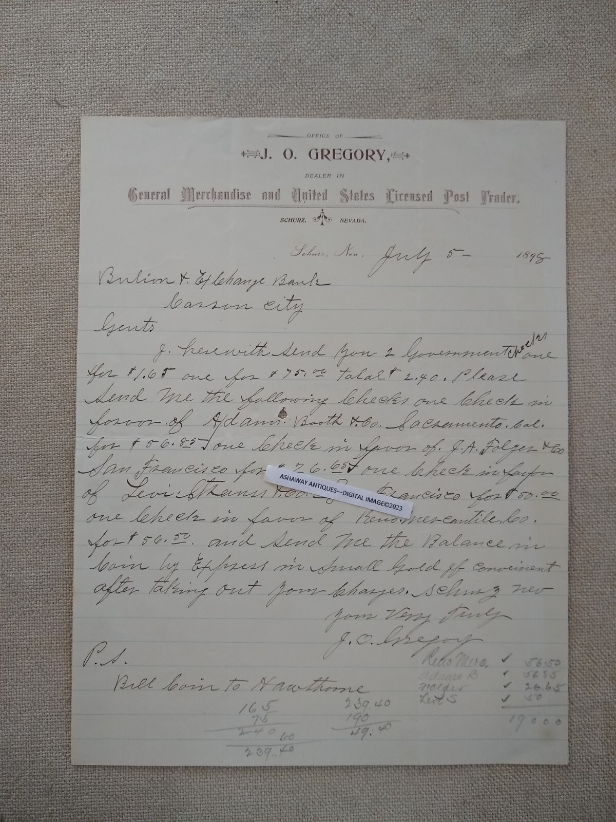 1898 Letter INDIAN RESERVATION Store in SCHURZ Nevada Bill from LEVI