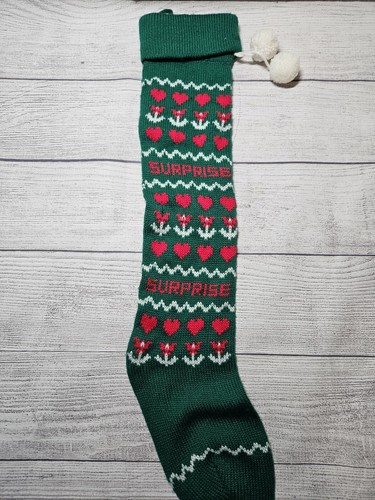 Vtg Knitted Christmas "Surprise" Stocking - Green/Red/White - 24"