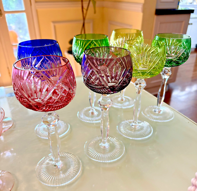 VINTAGE BOHEMIAN CUT-TO-CLEAR MULTICOLOR Crystal WINE GLASSES - SET OF 6