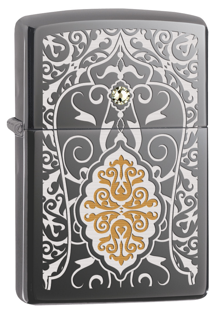 Zippo Lighter - Filigree Engraved Swarovski White Crystal on Black