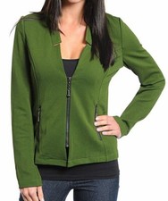 Green Zip Front Long Sleeve Stretch Knit Blazer Jacket w/ Pockets M