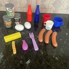 VTG Lot 17 Play Food Kitchen Utensils Canned Food Eggs Hotdogs Fun Play