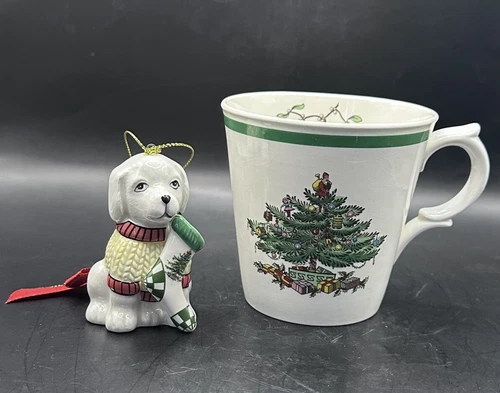 Rare Vintage Copeland Spode England Christmas Tree Cup Mug S3324 & Dog Ornament