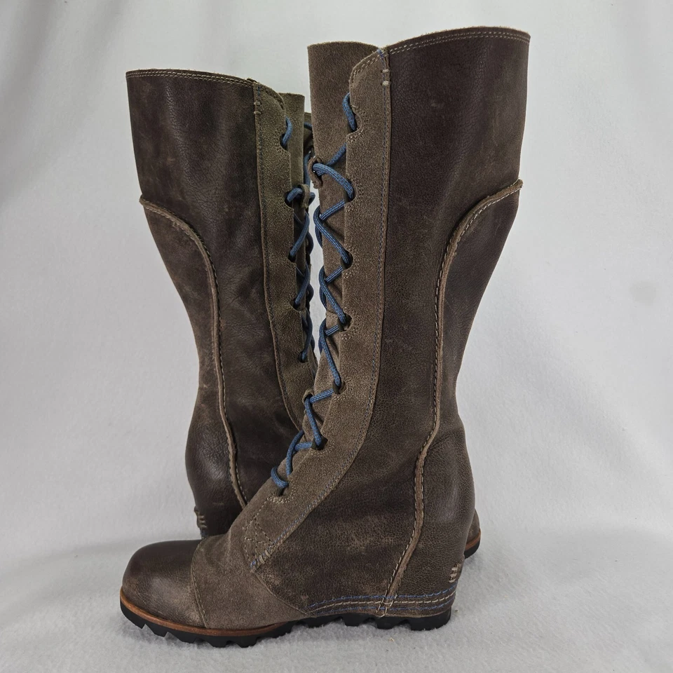Botas Sorel Mujer 9.5 Marrón Gris Cate The Great Cuero Cuña Oculta Impermeables Foto 3 de 4